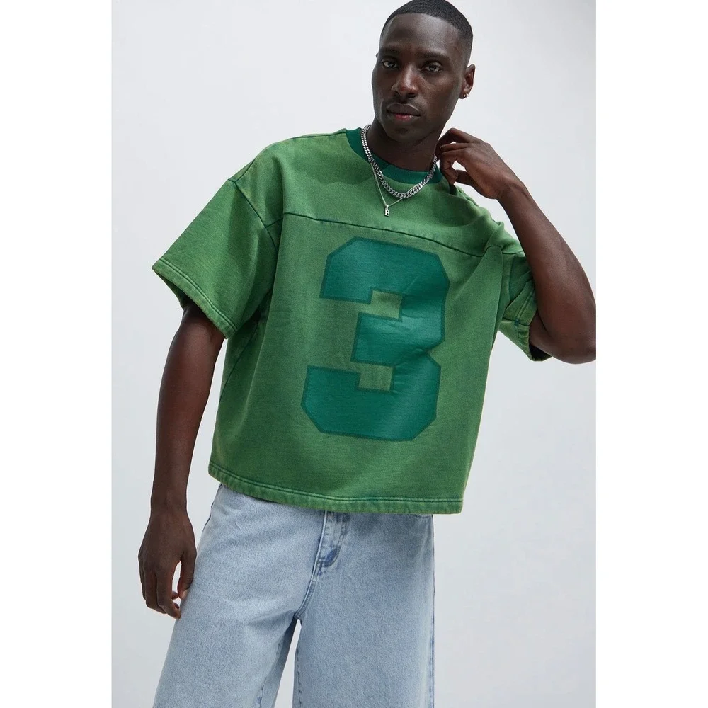 Fashion Nova Men Oversized Green Graphic Sweatshirt Tee Washed Number 3 M